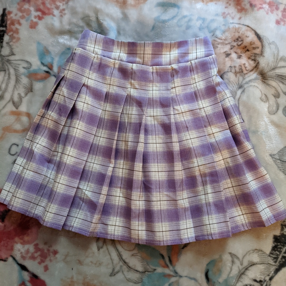 Purple and White Plaid Pleated Skirt